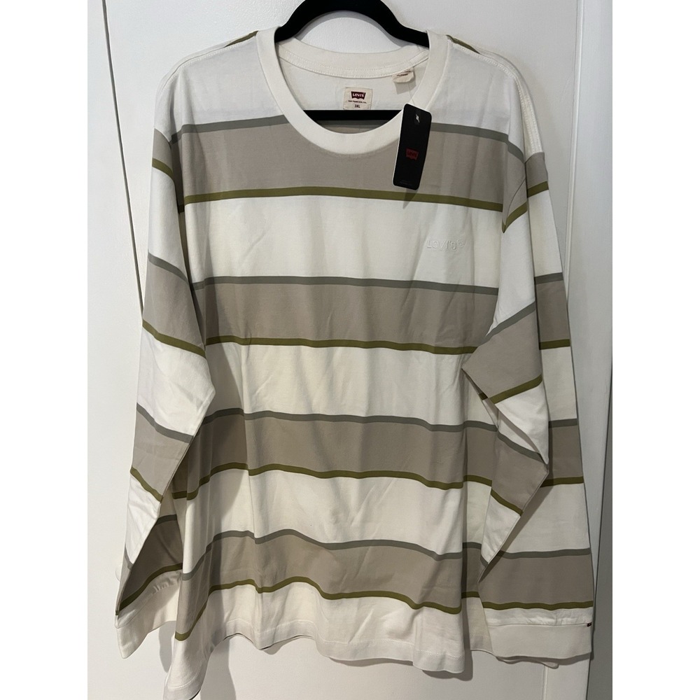 NWT Levis Mens Crew Neck Long Sleeve Striped Shirt 3XL Relaxed Beige Green